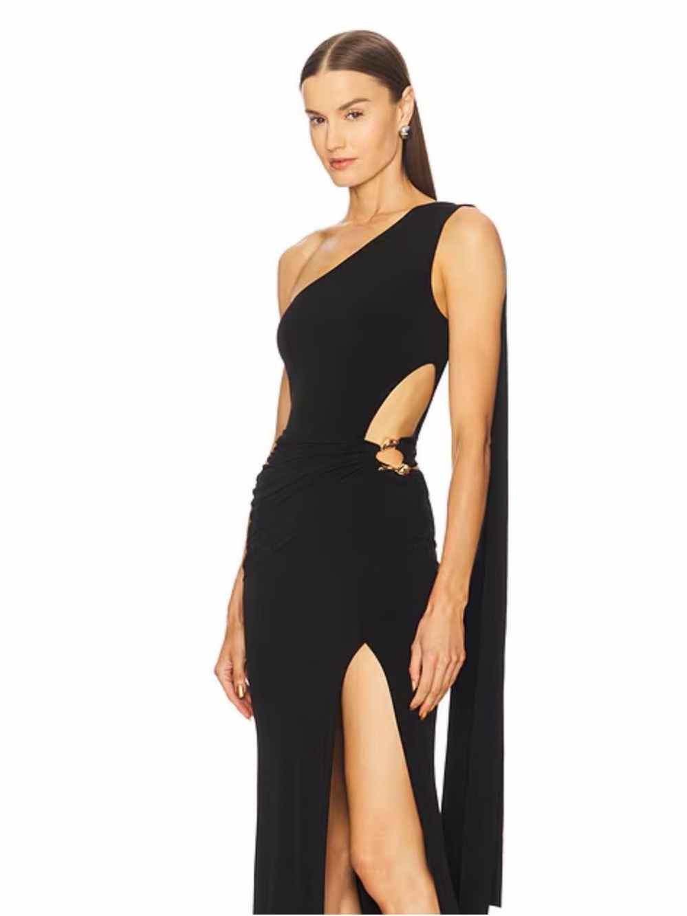 One-Shoulder Black Maxi Dress with Side Cutout and Ring Detail
